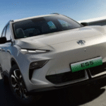 MG ES5 EV electric SUV front and side view in urban setting