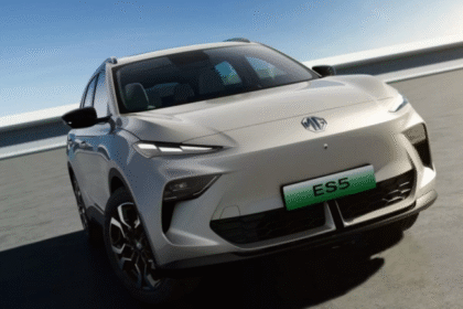 MG ES5 EV electric SUV front and side view in urban setting